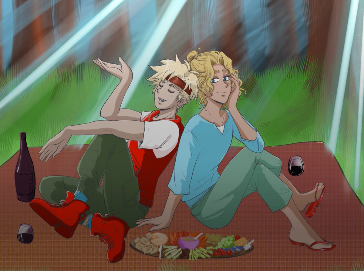 Lotusgirl625's tweet photo. Picnic date for Chill's birthday! They're reminiscing about the past.

Did Grill actually prepare that charcuterie board himself? Who's to say... 😌

#GuacPartyOTH
#OTHfanart https://t.co/AuqtNBwMS9