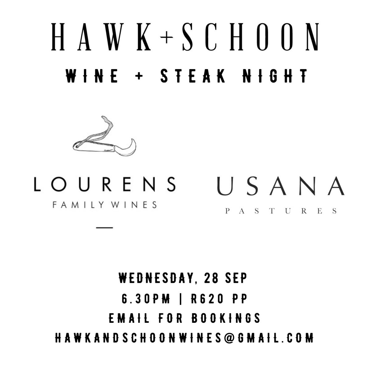 If you haven’t got your tickets yet, now is the last chance to do so. Wine + Steak Night with @lourensfamilywines is going to be top notch. 

Bookings via hawkandschoonwines@gmail.com 

#wine #winetasting #stellenbosch #drinksawine #bespoke #event