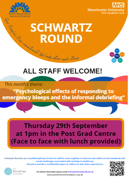 North Manchester General Hospital (@northmcrgh_nhs) on Twitter photo Colleagues <a href="/NorthMcrGH_NHS/">North Manchester General Hospital</a> come along to our Schwartz Round at 1pm on 29th September. Discussion topic ‘Psychological effects of responding to emergency bleeps and the informal debriefing’ Register interest by emailing schwartz.nmgh@mft.nhs.uk <a href="/PointofCareFdn/">The Point of Care Foundation</a> #teamNMGH #teamMFT Colleagues <a href="/NorthMcrGH_NHS/">North Manchester General Hospital</a> come along to our Schwartz Round at 1pm on 29th September. Discussion topic ‘Psychological effects of responding to emergency bleeps and the informal debriefing’ Register interest by emailing schwartz.nmgh@mft.nhs.uk <a href="/PointofCareFdn/">The Point of Care Foundation</a> #teamNMGH #teamMFT
