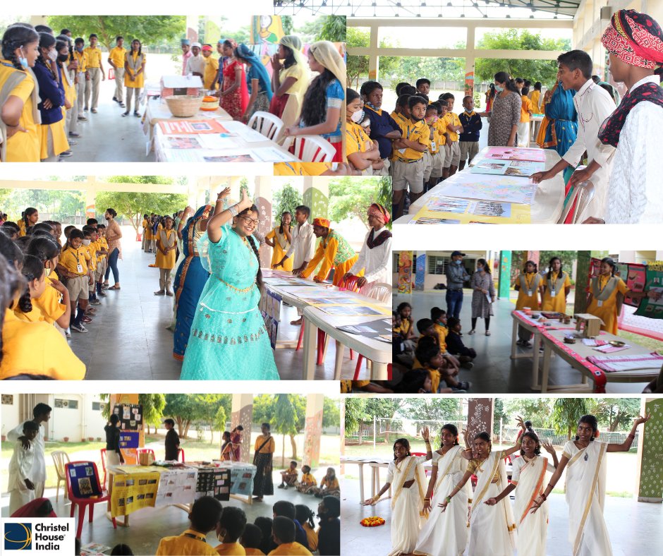 _CH_India's tweet image. Students representing the states of India through costumes, food, language, dance, and art!
#statefest #christelhousetransforminglives