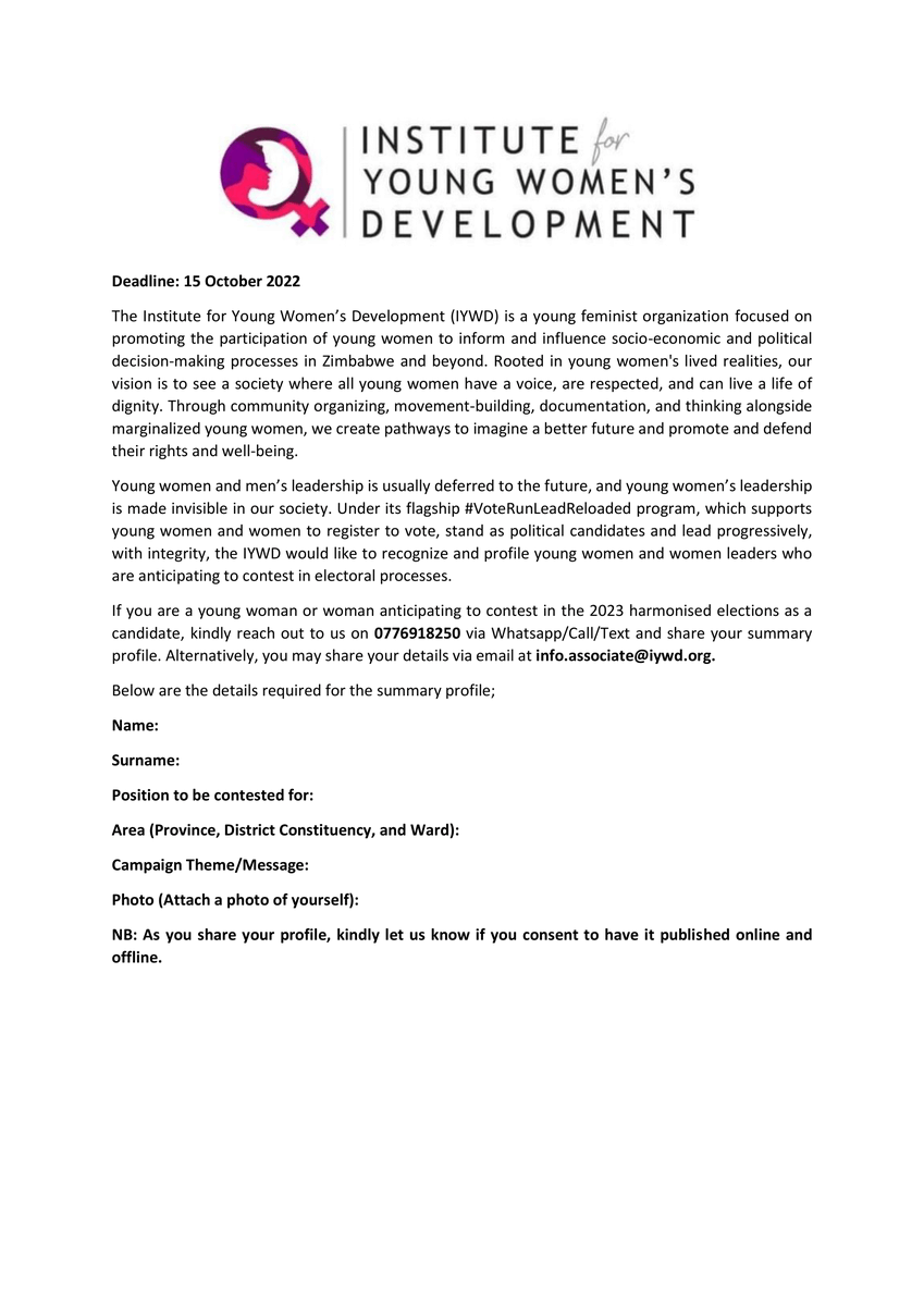 YoungWomenInst's tweet photo. Opportunity: Profiling Young Women and Women (YWW) prospective candidates for the 2023 elections #VoteRunLeadReloaded @glanyline @GlobalAktion @CEAAZim @weleadteam @WCOZIMBABWE @WLSAZW @wildtrustzim @AfriWomenLead @HivosWiL @263women @table_girls https://t.co/1ts2B24DJB