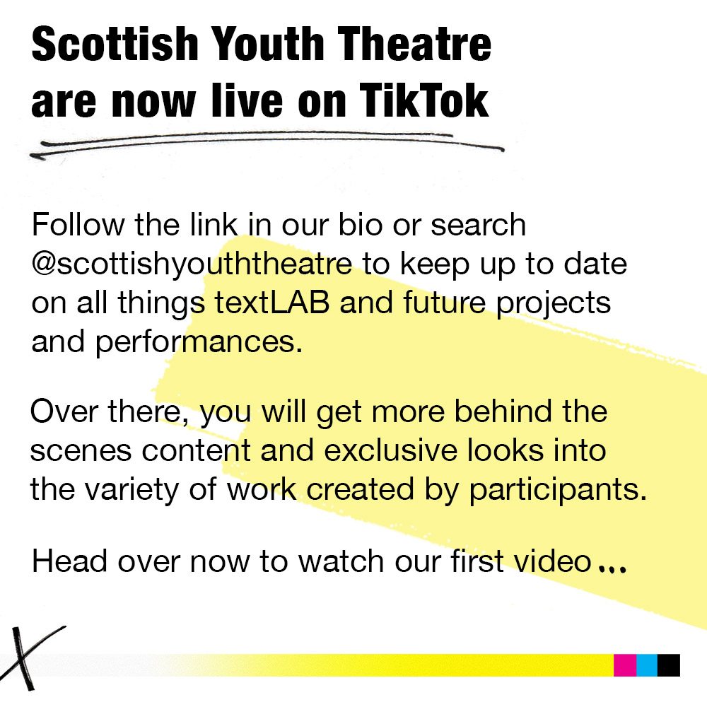 ScottishYT's tweet image. Scottish Youth Theatre are now on TikTok! 

Make sure to follow our account @scottishyouththeatre or follow this link: tiktok.com/@scottishyouth…  

Our first video is now live, so head over there now to get updates on all things textLAB and other future projects. #textLAB