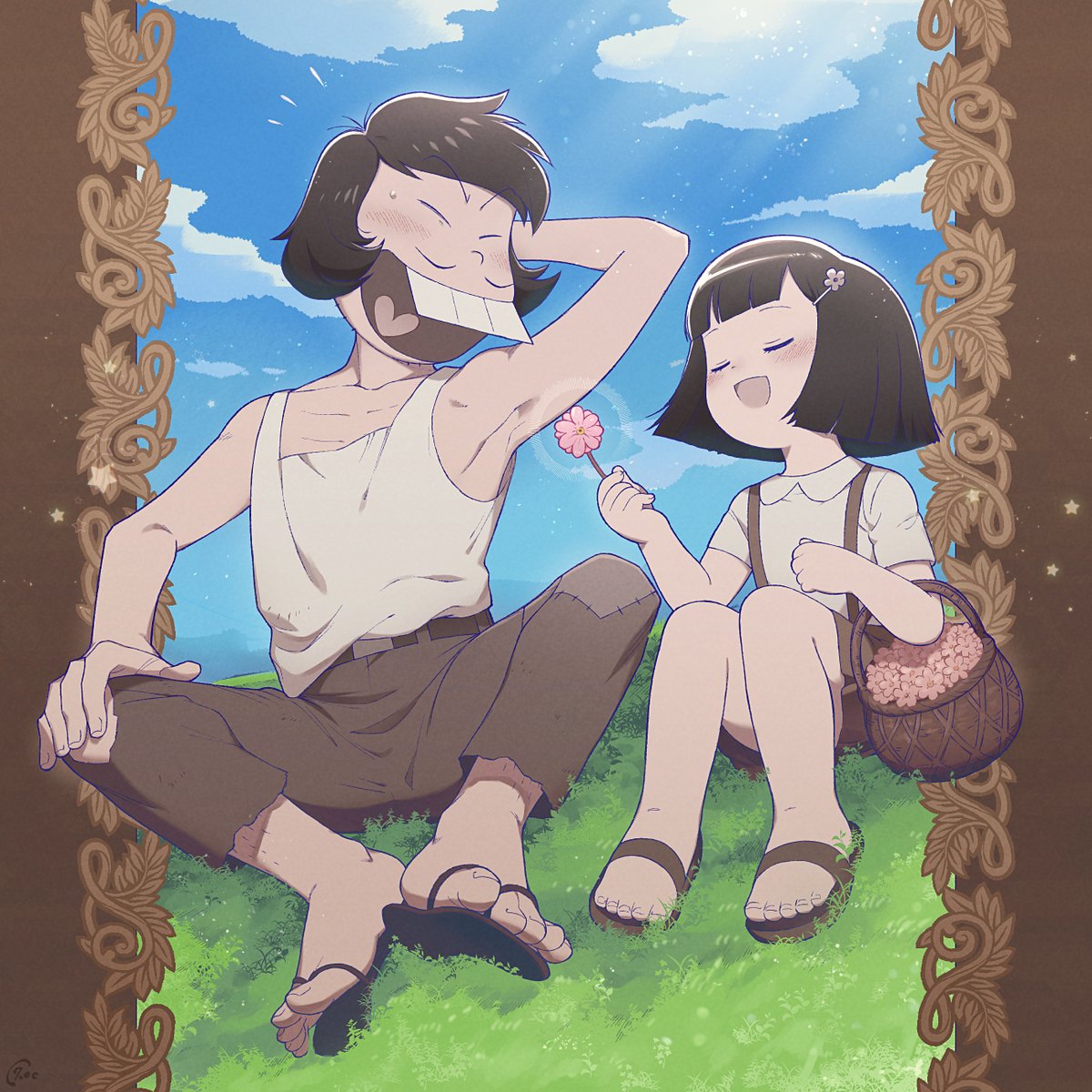 1girl 1boy flower black hair sandals closed eyes sitting  illustration images