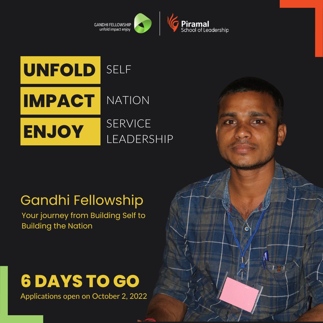 thegfprogram's tweet photo. Applications for Batch 16 of #GandhiFellowship open in #6Days! If you are interested in bringing change to the society, join #GandhiFellowship, a two-year long program which encourages you to introspect and bring about meaningful change, leading to the development of our nation. https://t.co/aZ4uSX5x9b