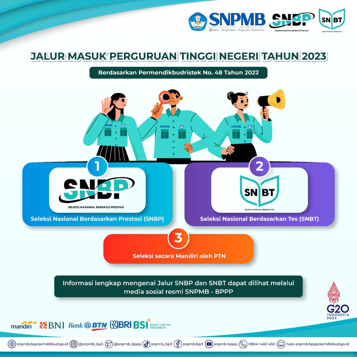 well3officlaI's tweet image. Halo #CalonMahasiswaIndonesia!

JALUR MASUK PERGURUAN TINGGI NEGERI TAHUN 2023

Mulai tahun 2023, berdasarkan Permendikbudristek No. 48 Tahun 2022 terdapat 3 jalur bagi #CalonMahasiswaIndonesia untuk masuk ke Perguruan Tinggi Negeri.