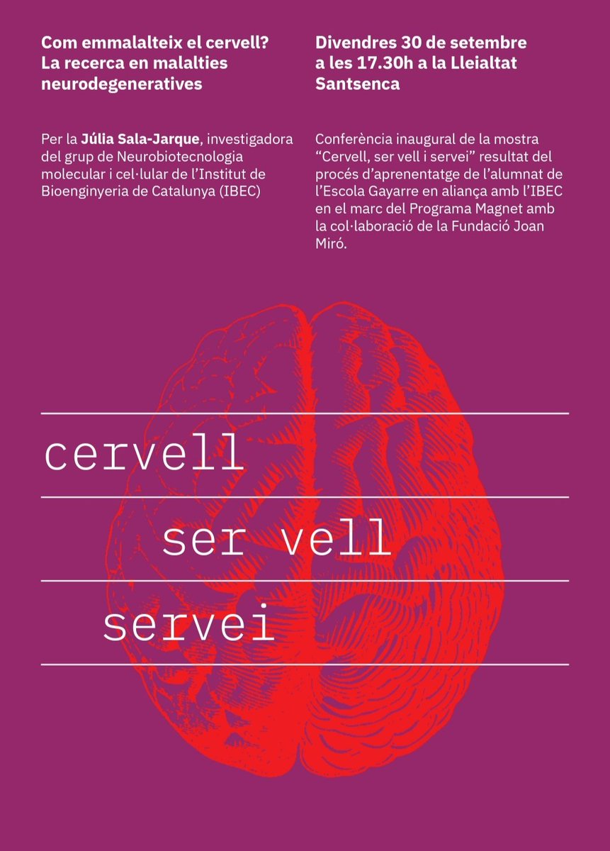 📣 Inauguració de l'exposició "Cervell, ser vell i servei", resultat del procés d’aprenentatge de l’alumnat de <a href="/EscolaGayarre/">Escola Gayarre</a> en aliança amb <a href="/IBECBarcelona/">IBEC</a> en el marc d'<a href="/aliancesmagnet/">Aliances Magnet</a> amb la col·laboració de <a href="/fundaciomiro/">Fundació Joan Miró, Barcelona</a>. 

📌 30 de setembre, 17:30h a <a href="/Lleialtat/">Lleialtat Santsenca</a>- Olzinelles, 31