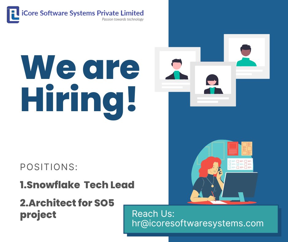 iCoreSoftOfficl's tweet photo. Hello, Talents,

We are Hiring Multiple Positions for iCore Software Systems. 
Listed Below are some of them.

Candidates can reach hr@icoresoftwaresystems.com or 7358056001 / 9962055886

Opening Positions :
Snowflake Technical Lead &amp; Architect for SO5 project https://t.co/fT2Ho7tISz