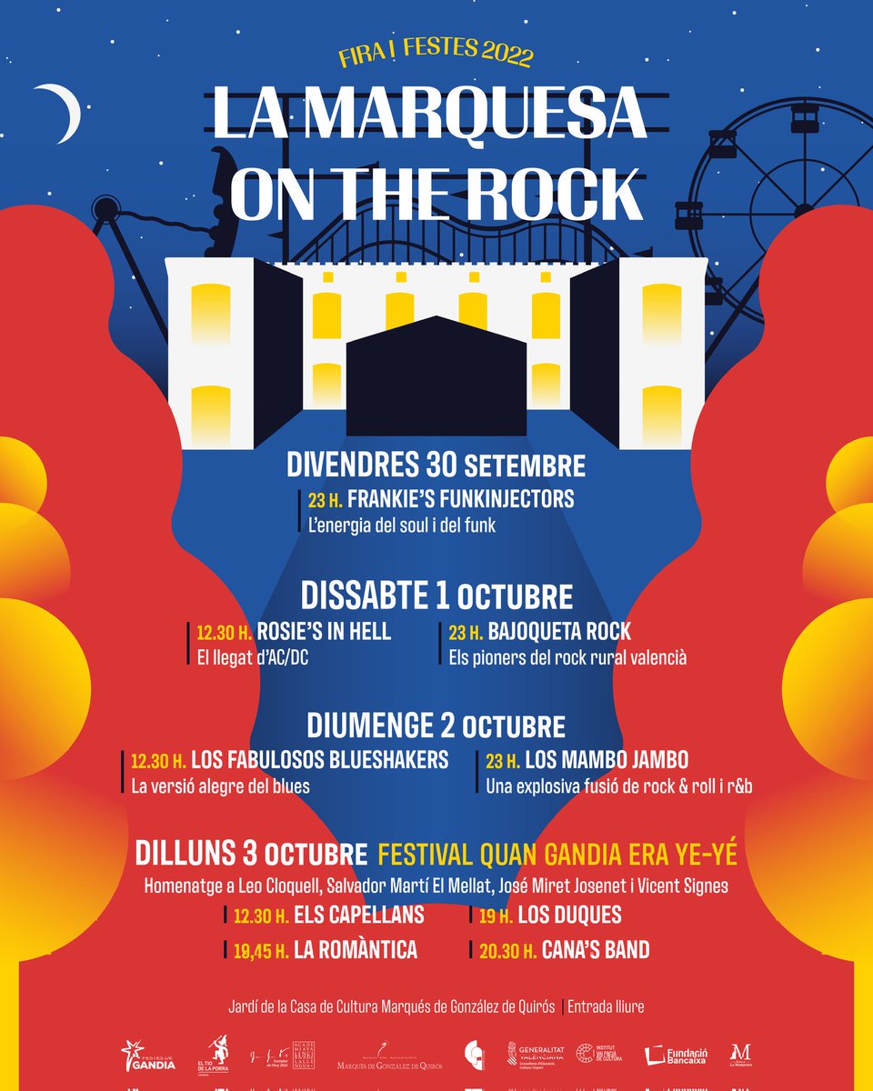 Us presentem l'espectacular cartell dels concerts que tindran lloc als jardins de la Casa de @gandia_cultura per aquesta #FiraiFestesGandia2022 🎸👩‍🎤🧑‍🎤
Entrada lliure en tots els concerts

LA MARQUESA ON THE ROCK