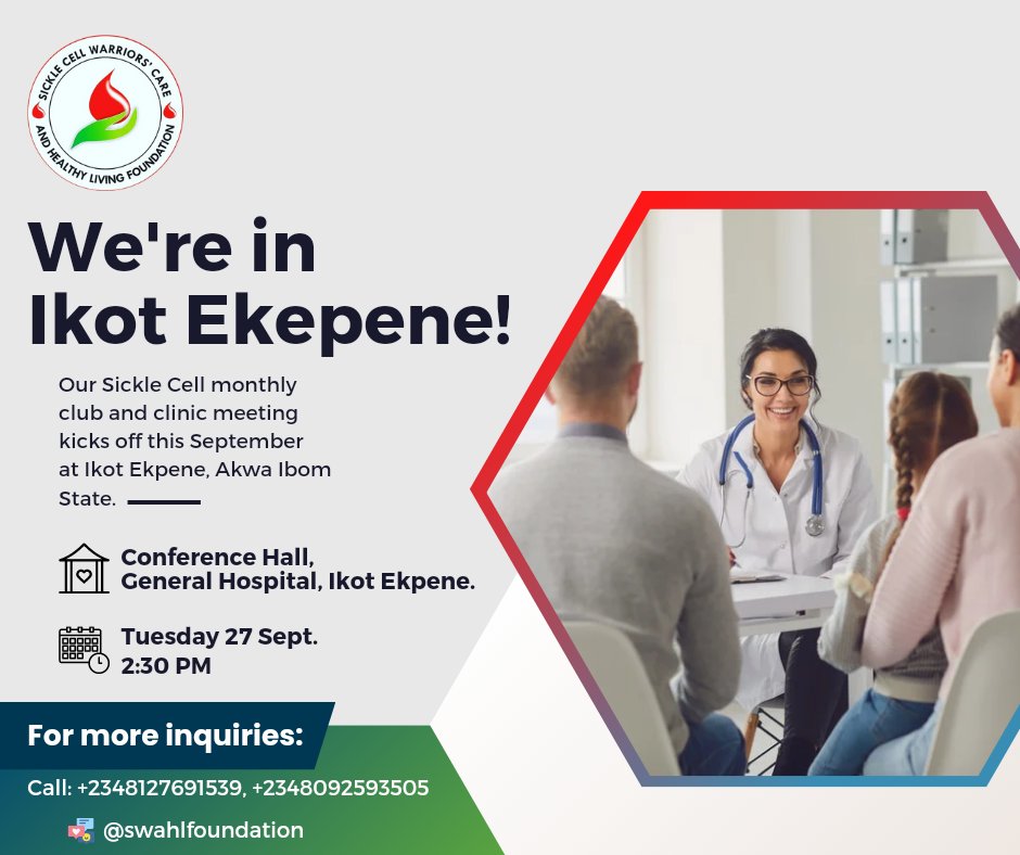 swahlfoundation's tweet photo. Join us tomorrow at our first #SickleCell club meeting and clinic day.

There will be so much to gain and learn.

📅 Tuesday 27 September, 2022.
🌍 Venue: Conference Hall, General Hospital, Ikot Ekpene.
⏰ Time: 2:30 pm prompt.

#healthcare
#sicklecellawarenessmonth #AkwaIbom https://t.co/ldrxRQ07z3