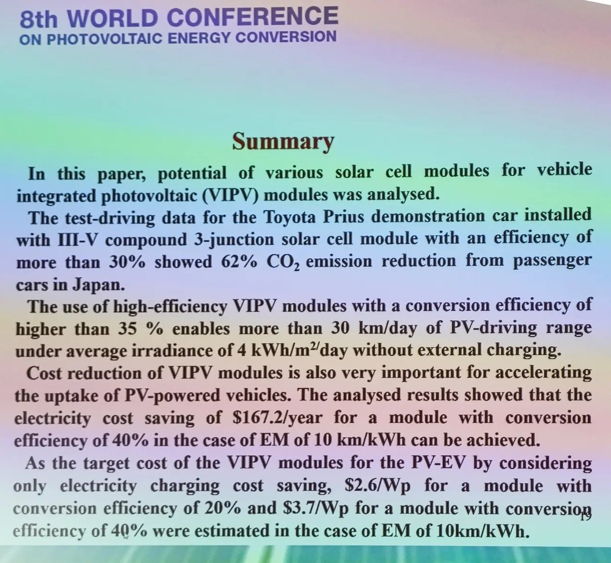 solarpapst's tweet photo. #wcpec 26/9/22:
Talk: Analysis for Potential of High-Efficiency and Low-cost Vehicle Integrated Photovoltaics
by Masafumi Yamaguchi. #VIPV #Elektroauto https://t.co/CJVmLs4RST
