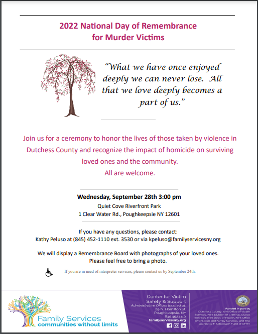 FSI411's tweet photo. On Wednesday, September 28th, 2022, Family Services’ Center for Victim Safety and Support will host an event to honor the lives of those taken by violence and to recognize the impact of homicide on surviving loved ones and the community. https://t.co/PuiNq0s0f9