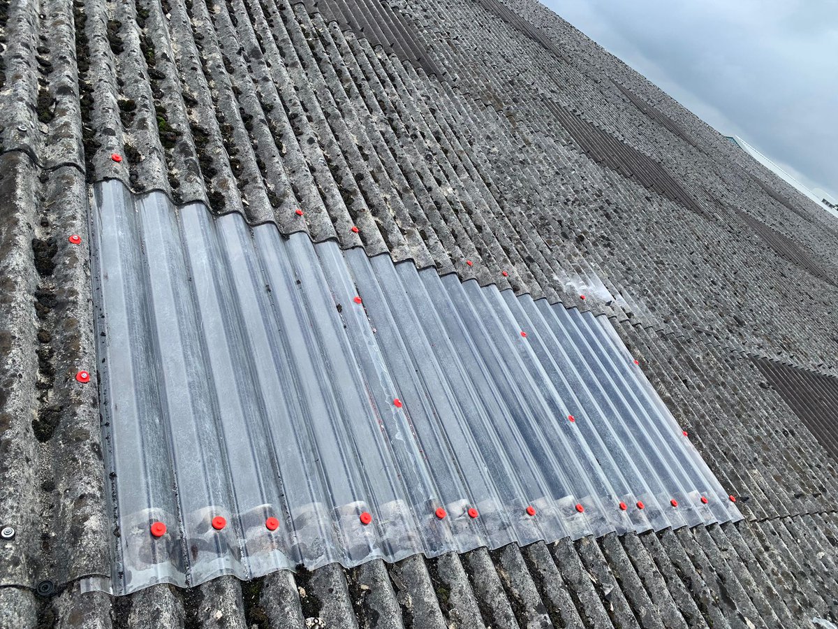 PracticalRoofCo's tweet image. Works on a fragile roof carrying out damaged skylight replacement using staging boards w/ rails access. Short duration works.  #roofing #construction #healthandsafety