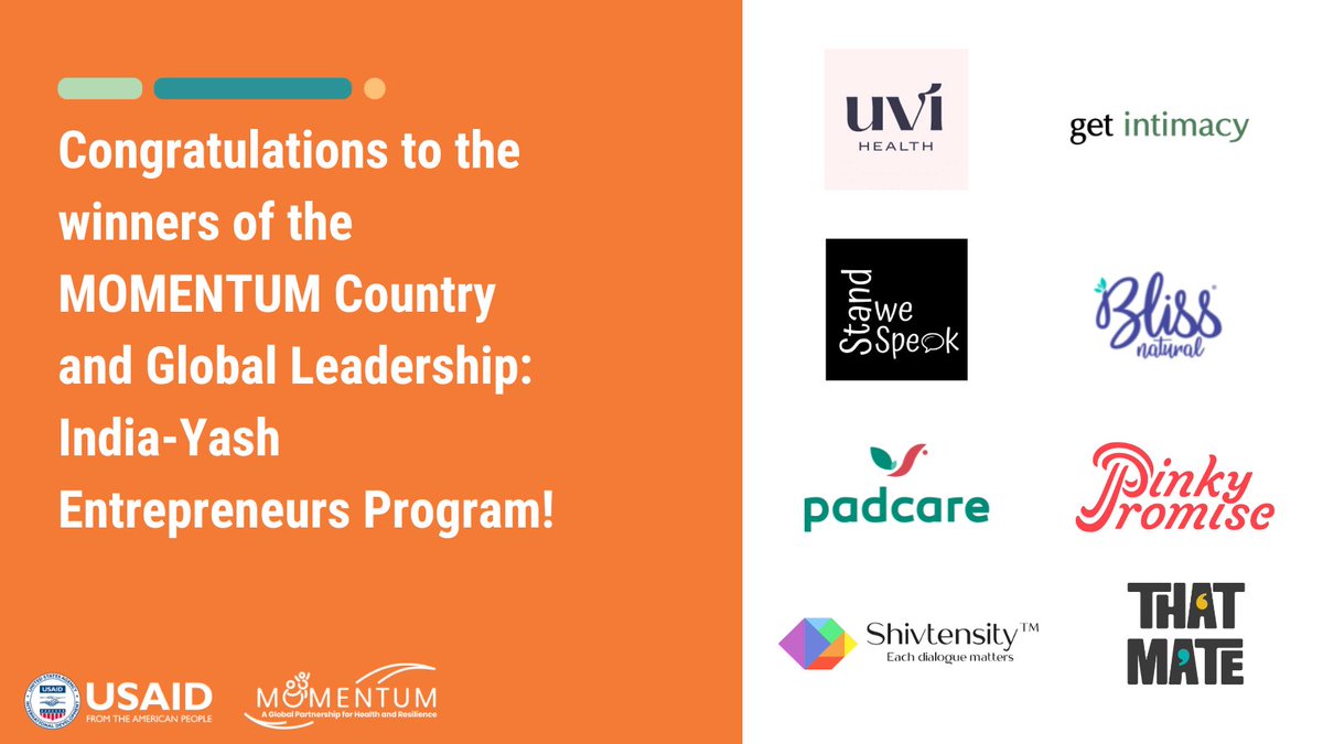 Drumroll, please: announcing the winners of our MOMENTUM Country and Global Leadership: India-Yash Entrepreneurs Program!

Congrats to <a href="/UviHealth/">Uvi Health</a>, <a href="/StandWeSpeak/">StandWeSpeak</a>, <a href="/Blisspads/">Bliss Natural</a>, <a href="/PadcareL/">PadCare</a>, <a href="/thatmateteam/">Thatmate</a>, Shivtensity, Pinky Promise, &amp; GetIntimacy!

Read more: usaidmomentum.org/usaid-announce…