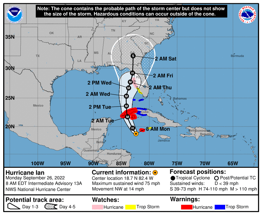 NassauEM's tweet photo. Current track of Hurricane Ian - valid until 11AM September 26th, 2022 https://t.co/grXOClABUe