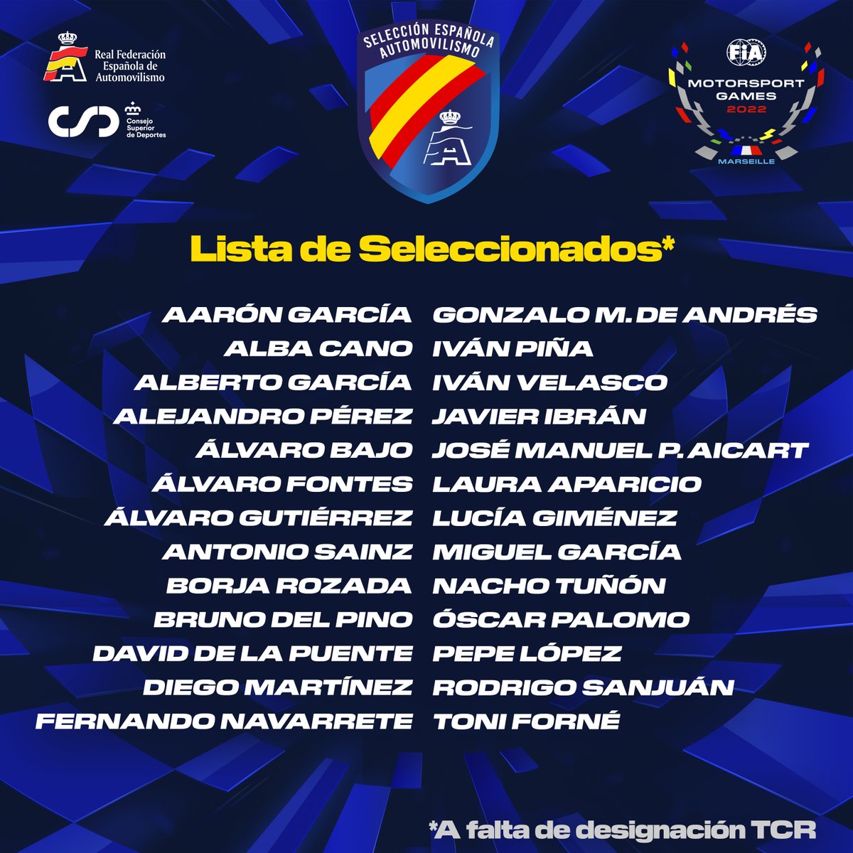 Real Federación Española de Automovilismo (@rfedea) on Twitter photo 💥 ¡YA ES OFICIAL!💥
🏎️💨 Consulta el listado de representantes que forman nuestra Selección Española de Automovilismo para estos <a href="/fiamgames/">FIA Motorsport Games</a>. 🇪🇸
📰Entérate de todo: cutt.ly/FVOQuoY
🔹 #TuSelección
🔹 #HacemosEquipo
🔸 <a href="/fiamgames/">FIA Motorsport Games</a>
🔸 <a href="/deportegob/">CSD</a> 💥 ¡YA ES OFICIAL!💥
🏎️💨 Consulta el listado de representantes que forman nuestra Selección Española de Automovilismo para estos <a href="/fiamgames/">FIA Motorsport Games</a>. 🇪🇸
📰Entérate de todo: cutt.ly/FVOQuoY
🔹 #TuSelección
🔹 #HacemosEquipo
🔸 <a href="/fiamgames/">FIA Motorsport Games</a>
🔸 <a href="/deportegob/">CSD</a>