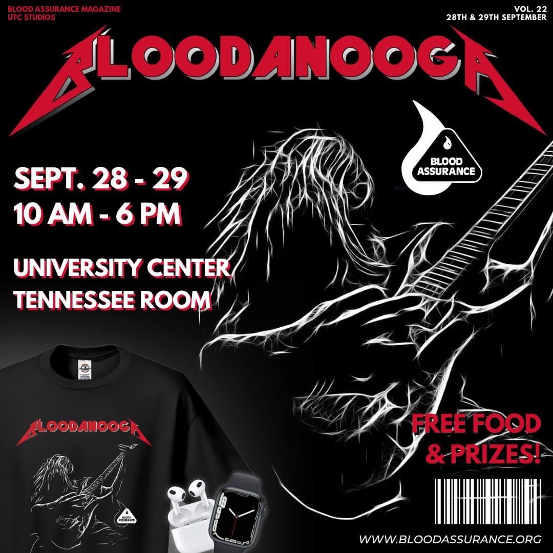 It’s time to Rock N Roll @UTChattanooga! Join Blood Assurance in the UC TN Room 9/28 & 9/29 from 10 am – 6 pm! All donors will receive an 80s rock themed T-shirt, free food, & will be entered to win an Apple Watch and Airpods. Come Rock N Roll up your sleeve and save 3 lives!🩸