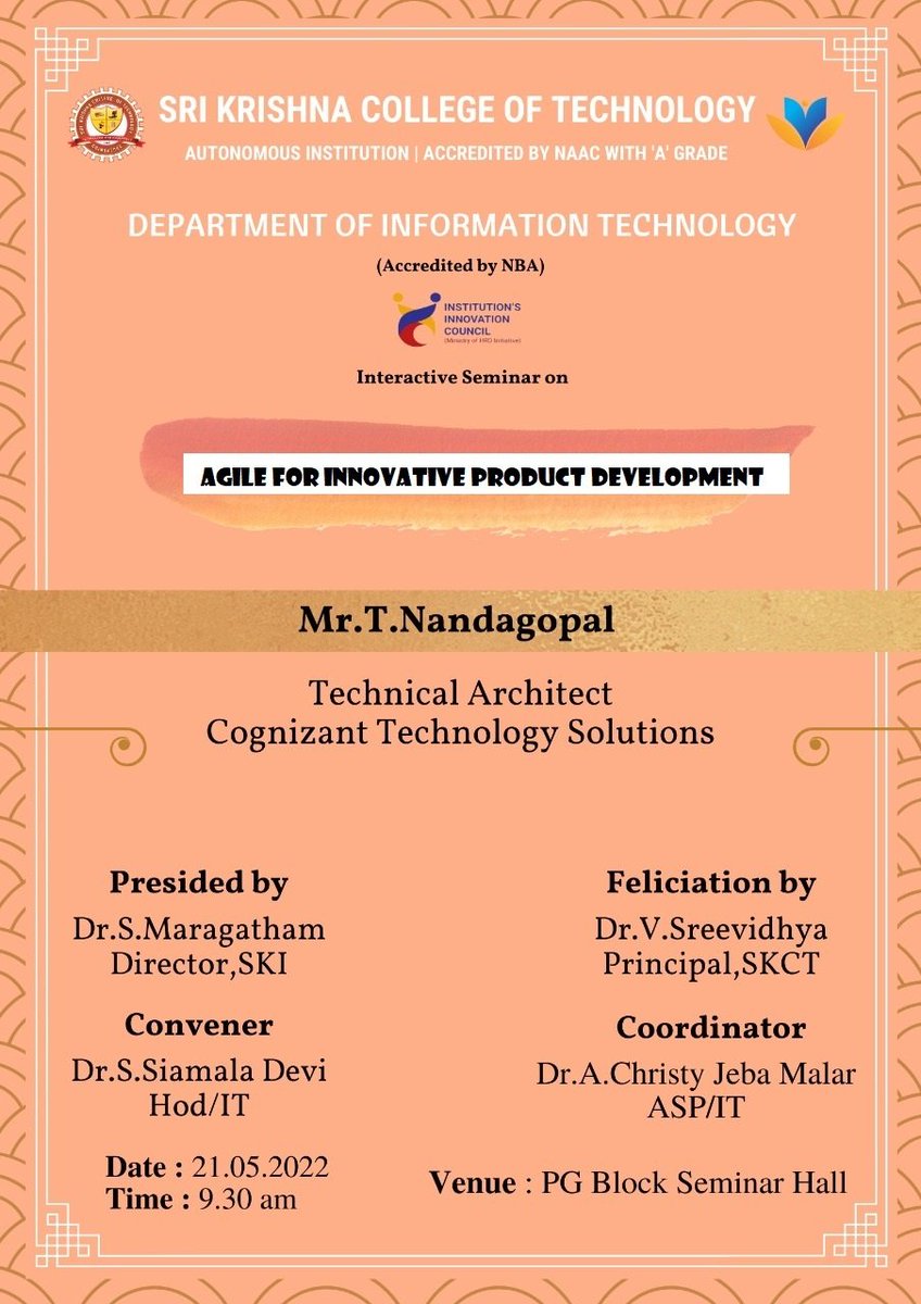 it_skct's tweet photo. Department of Information Technology had organized a Seminar on "AGILE FOR INNOVATIVE PRODUCT DEVELOPMENT".

#SKCTIT #SKCTian #SriKrishnaCollege #SKCT https://t.co/Hlk2z86Ty0