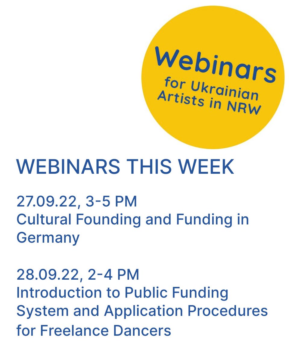 "Kultur hilft Kultur"-Webinare für ukrainische Künstler*innen und alle Interessierte. Termine diese Woche mit Jérôme Lenzen und Yana Novotorova. Anmeldung und weitere Infos unter: kultur-hilft-kultur.de/webinars/ #kulturhilftkultur