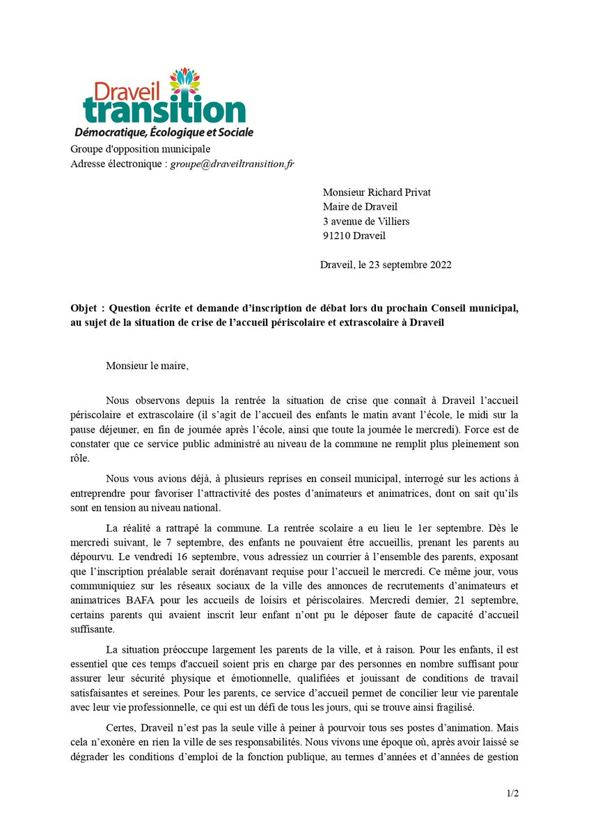 drav_transition's tweet photo. Face à la situation de crise de l’accueil périscolaire et extrascolaire à Draveil, voici le courrier que nous avons adressé à M. le maire : question écrite et demande d’inscription de débat lors du prochain Conseil municipal 
@VilledeDraveil https://t.co/KqjvbRPiql