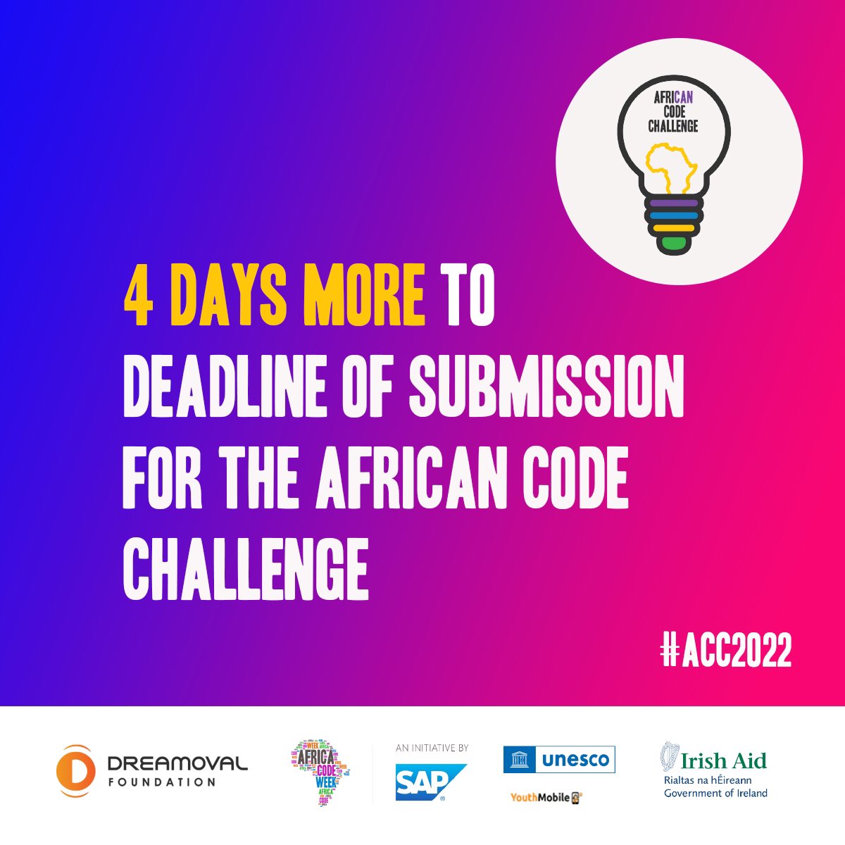 Foundation_DO's tweet image. 4 days more to the deadline of submissions for the African Code Challenge. Don’t be left out.
Click the link in our bio to submit your entries and stand a chance to win amazing prices.
@UNESCO @Irish_Aid @AfricaCodeWeek @SAP
#ACC22 #ICT #CodingMadeFun
#ProtectingLifeTogether