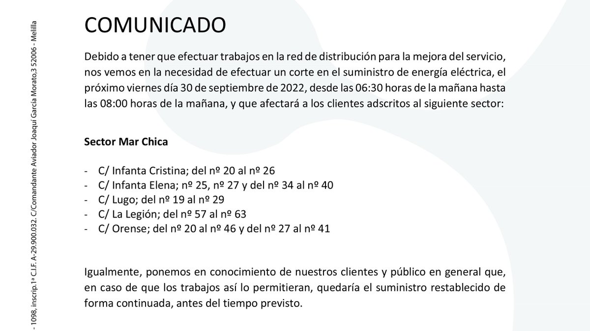 cope_melilla's tweet photo. 🔵 Comunica Gaselec que el próximo viernes 30 de septiembre se cortará el suministro de energía eléctrica de 06.30 a 08.00 en el Sector Mar Chica debido a tener que efectuar trabajos en la red de distribución para la mejora del servicio https://t.co/JFdCabcVVG