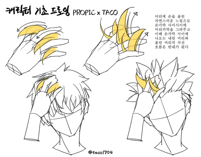 손을 머리에 올릴 때 손가락 사이사이 머리카락을 그려주면 자연스럽게 보인다 