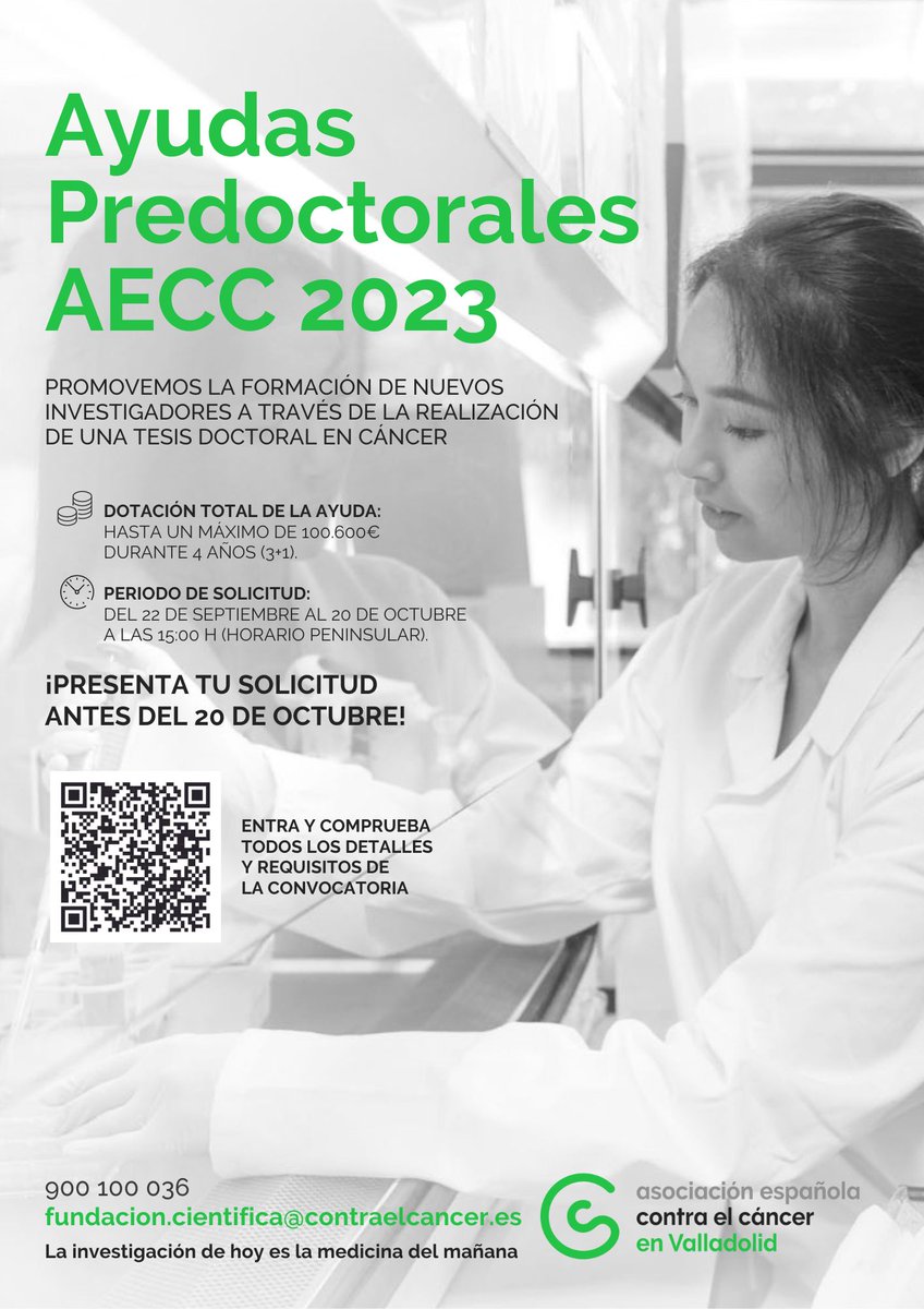🚨Apertura de Ayudas Predoctorales y Clínicos Junior en el Territorio AECC 2023🚨
Si te interesa realizar un proyecto de investigación en cáncer y eres graduado en ciencias o médico, ¡anímate y presenta tu solicitud! 
ℹ️contraelcancer.es/es/area-invest…
ℹ️contraelcancer.es/es/area-invest…