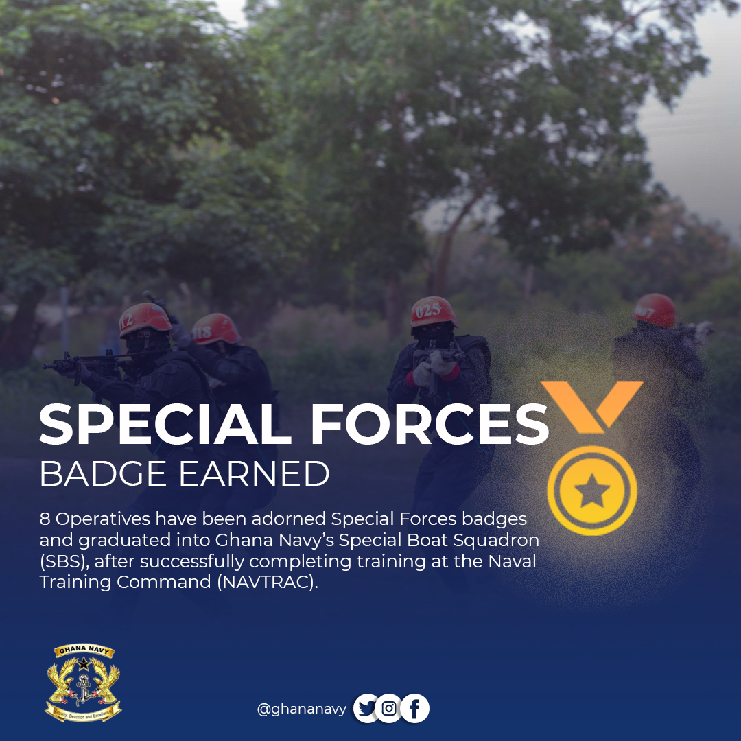 8 Operatives have been adorned Special Forces badges and graduated into Ghana Navy’s Special Boat Squadron (SBS), after successfully completing training at the Naval Training Command (NAVTRAC).
#ghanaNavy #Military #Ghana #specialforces