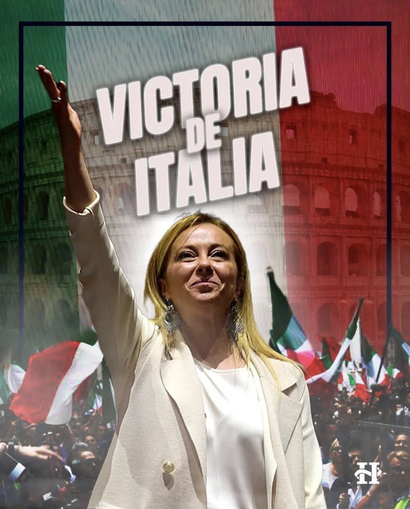 Felicitaciones <a href="/GiorgiaMeloni/">Giorgia Meloni</a> por el gran triunfo en las elecciones italianas. Celebro el avance de las propuestas soberanas en resguardo de las naciones.