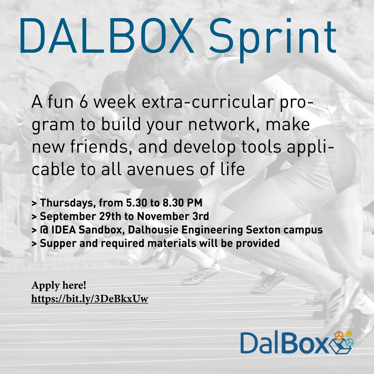 Applications open for DALBOX sprint. Gain the tools and skills required to tackle complex problems!🏃‍♀️

Apply Here: bit.ly/3DeBkxUw