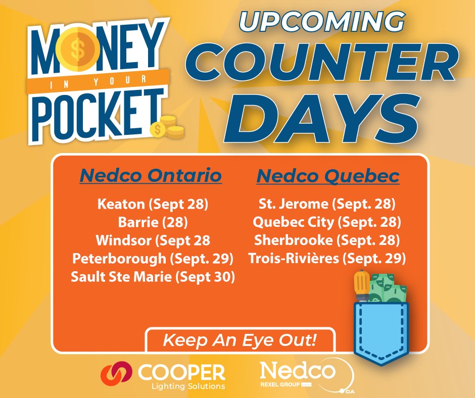 Nedco_Canada's tweet image. Upcoming Counter Days with Cooper Lighting Solutions and Nedco!! 
:
:
Les journées comptoir à venir 
#nedco #cooperlightingsolutions #miyp #counterdays #branch #electrcians