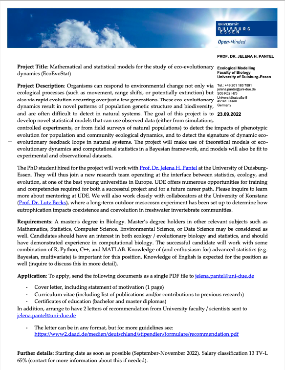 I'm hiring a PhD student in my Ecological Modelling📈💻lab / research group, University of Duisburg-Essen (we're in Essen, Germany) Mathematical & statistical modelling, Bayesian stats, eco-evolutionary dynamics - we've got it all. Please retweet & share uni-due.de/karriere/stell…