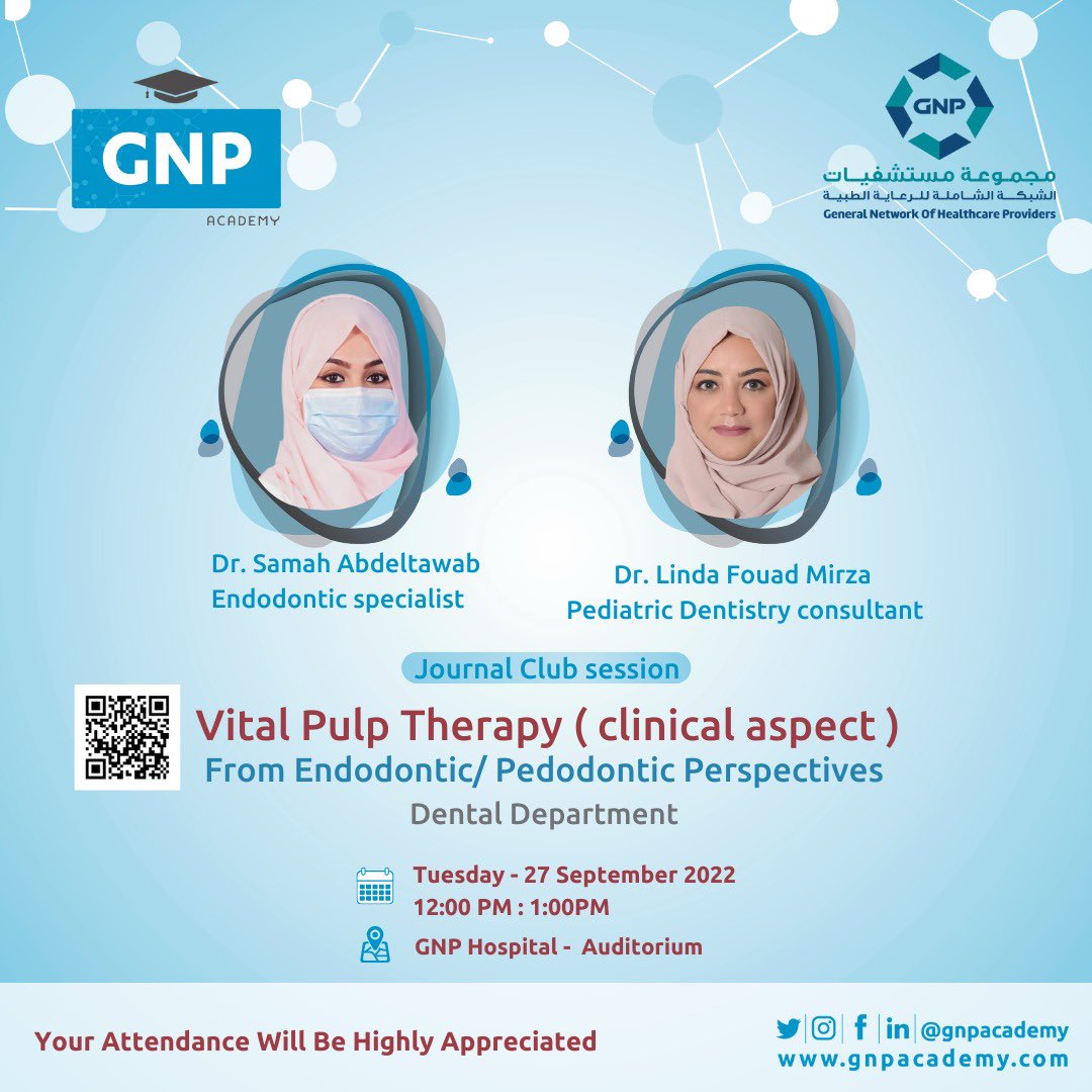 gnpacademy's tweet photo. Join to Journal Club Session 

Vital Pulp Therapy ( clinical aspect )
From Endodontic/ Pedodontic Perspectives

Tuesday - 27 September 2022
12:00 PM : 1:00PM

https://t.co/zEnLtt9hZo

#gnpacademy #gnp #academic #juornal #September https://t.co/DJaBfsaBfJ