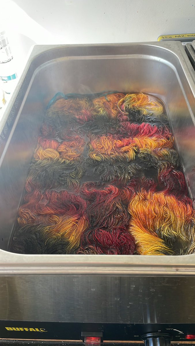 Becca’s dyepans are steaming again. Leaf Peeping (pictured), Poison Garden, Lick My Frog, Virgo Fortis and Forest Floor are all on today’s dye list. With any luck we’ll have them in the shops by the weekend. #DyeList #DyeHard #HandDyedYarn