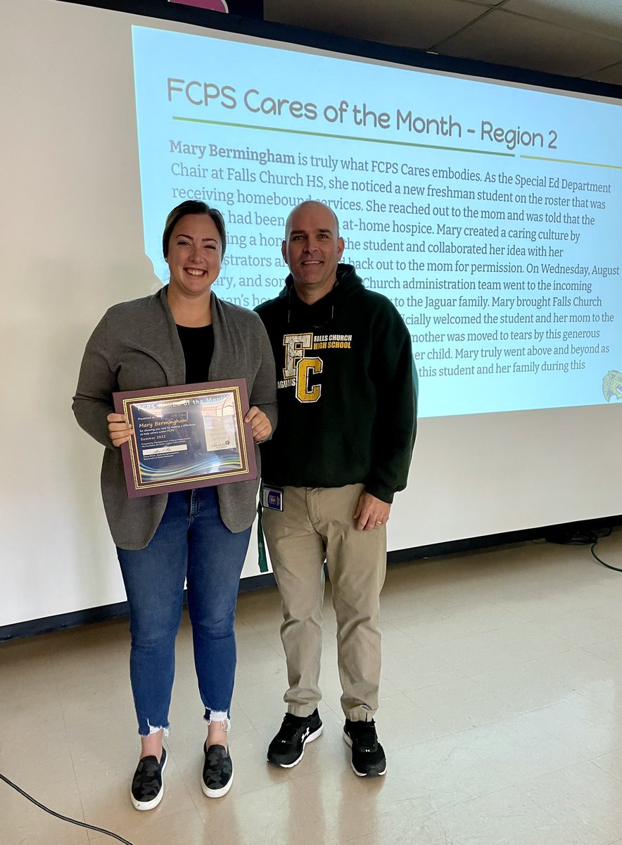 FallsChurchHS's tweet photo. We are so fortunate to have Mary Bermingham as our Special Education Department Chair here at Falls Church High School! She is truly an employee who cares! #FCPSCares @FCPSR2 @marykbermingham https://t.co/1GBiO6DGy2