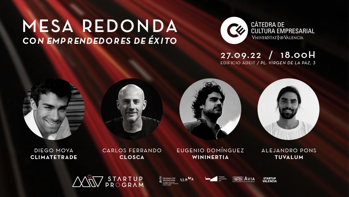 MobilityVlc's tweet photo. 🚀 Mesa redonda con #emprendedores de éxito dentro del mundo de la #movilidad y la #sostenibilidad, dentro del programa de aceleración del @MobilityVlc, #MiVStartupProgram 👇
🗓️Martes, 27 septiembre
📍@CatedraCe
@Startup_VLC @Avia_automocion https://t.co/5ThuVHQJLn