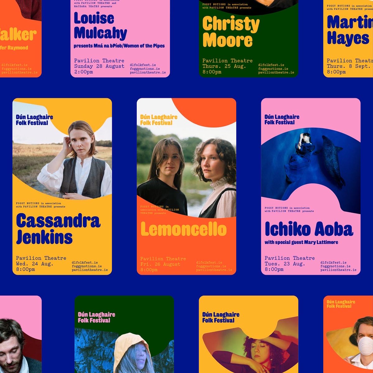 PaulGuinan's tweet photo. Visual identity, print and digital communications for Dún Laoghaire Folk Festival 2022. 70+ artists and 20 events spanning music, film and discussion presented by @foggynotions and @PavilionTheatre https://t.co/rlkrvLd4Bh