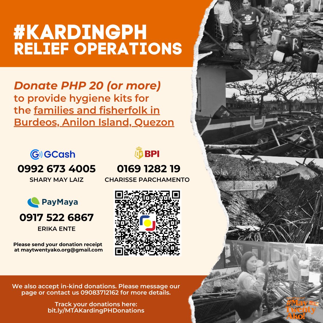 maytwentyako's tweet photo. We are now accepting donations for the affected families and fisherfolks of Typhoon #KardingPH in Burdeos, Anilon Island, Quezon.

With PHP 20 (or more!), you can be a part of our collective effort to provide hygiene kits to the community. https://t.co/37qGhldFeS