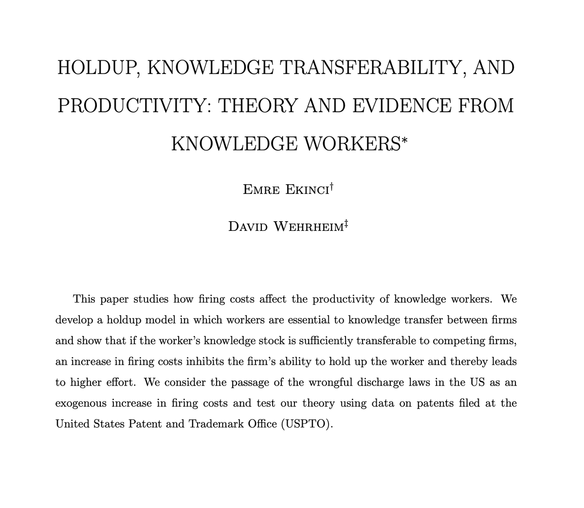 Emre Ekinci (@em_ekinci) on Twitter photo Happy to announce that our paper, with David Wehrheim (<a href="/d_wehrheim/">David Wehrheim</a>), “Holdup, Knowledge Transferability, and Productivity: Theory and Evidence from Knowledge Workers” is forthcoming at the Journal of Industrial Economics (<a href="/J_Ind_Econ/">The Journal of Industrial Economics</a>). Happy to announce that our paper, with David Wehrheim (<a href="/d_wehrheim/">David Wehrheim</a>), “Holdup, Knowledge Transferability, and Productivity: Theory and Evidence from Knowledge Workers” is forthcoming at the Journal of Industrial Economics (<a href="/J_Ind_Econ/">The Journal of Industrial Economics</a>).