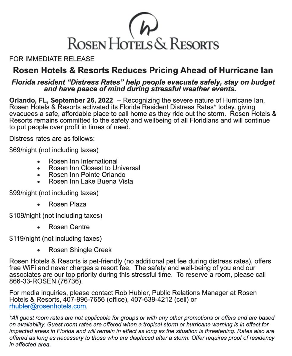 PeterSchorschFL's tweet photo. .@RosenHotels reduces pricing ahead of #HurricaneIan. https://t.co/Fnil3ENFiv