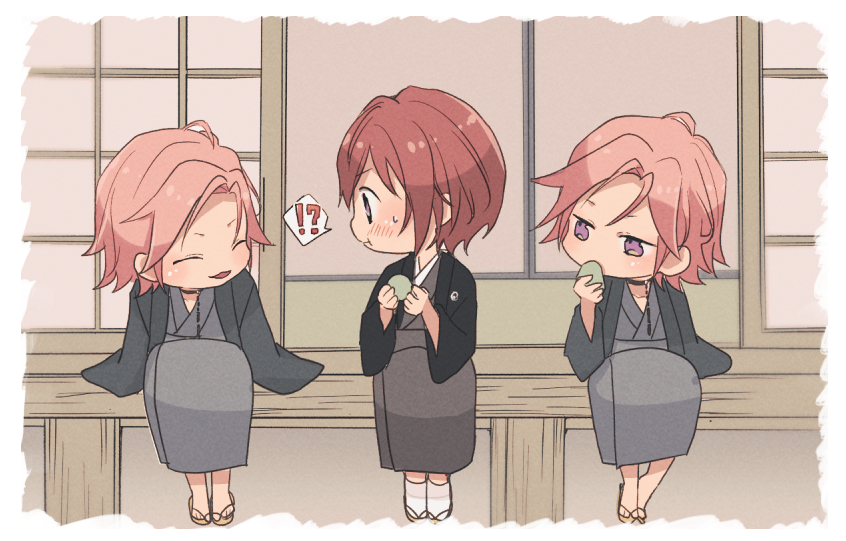 multiple boys japanese clothes !? pink hair sitting closed eyes chibi  illustration images