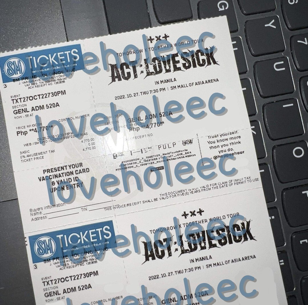 loveholeec's tweet photo. wtt lft ph | strictly for trade only ! 

have :
(2) 520A row C gen ad day 1 tickets 
want : 
(2) generic ad day 2 tickets / (2) gen ad day 2 tickets / (2) generic day 1

# txt manila yeonjun soobin taehyun beomgyu hueningkai #TOMORROW_X_TOGETHER_Manila #ACTLOVESICKinMANILA https://t.co/xZfBx2uXlT