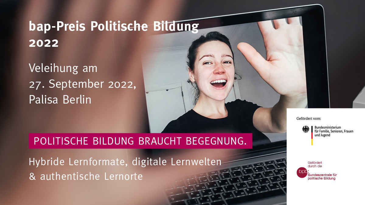 #bapPreis2022 im Livestream! Am 27.09.2022 feiert der <a href="/bap_de/">bap</a> in Berlin die Preisverleihung #bapPreis2022. Seien Sie ab 11 Uhr im Livestream dabei! Die Preisverleihung wird über unsere Webseite bap-politischebildung.de übertragen. Persönlich oder digital, wir freuen uns auf Sie!