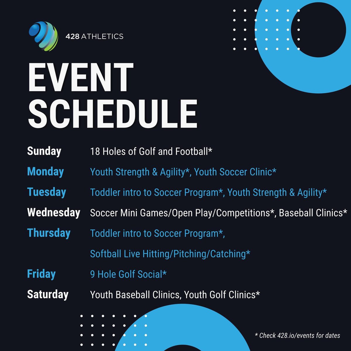 What an amazing week we had kicking off the first week of our new sessions!

Check out the event schedule for this week 👇🏼

If you haven’t already registered, head to 428.io/events 💻