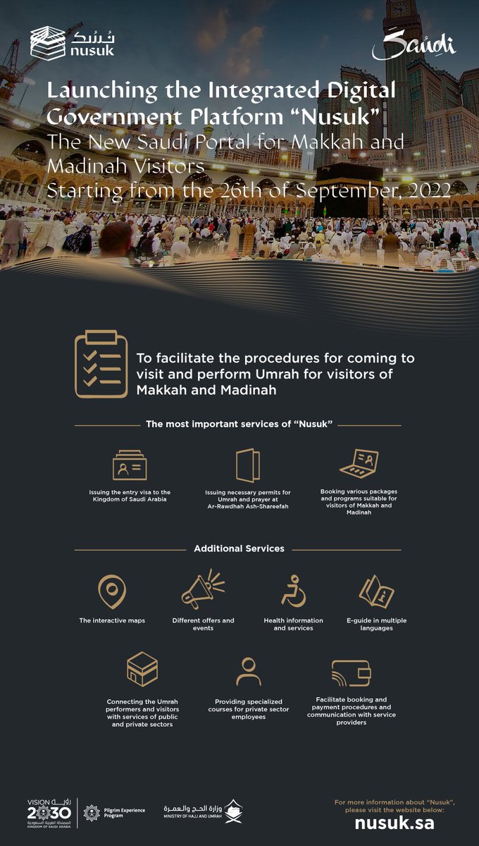 Launching the Integrated Digital Government Platform #nusuk, The New Saudi Portal for #Makkah and #Madinah Visitors.
nusuk.sa
