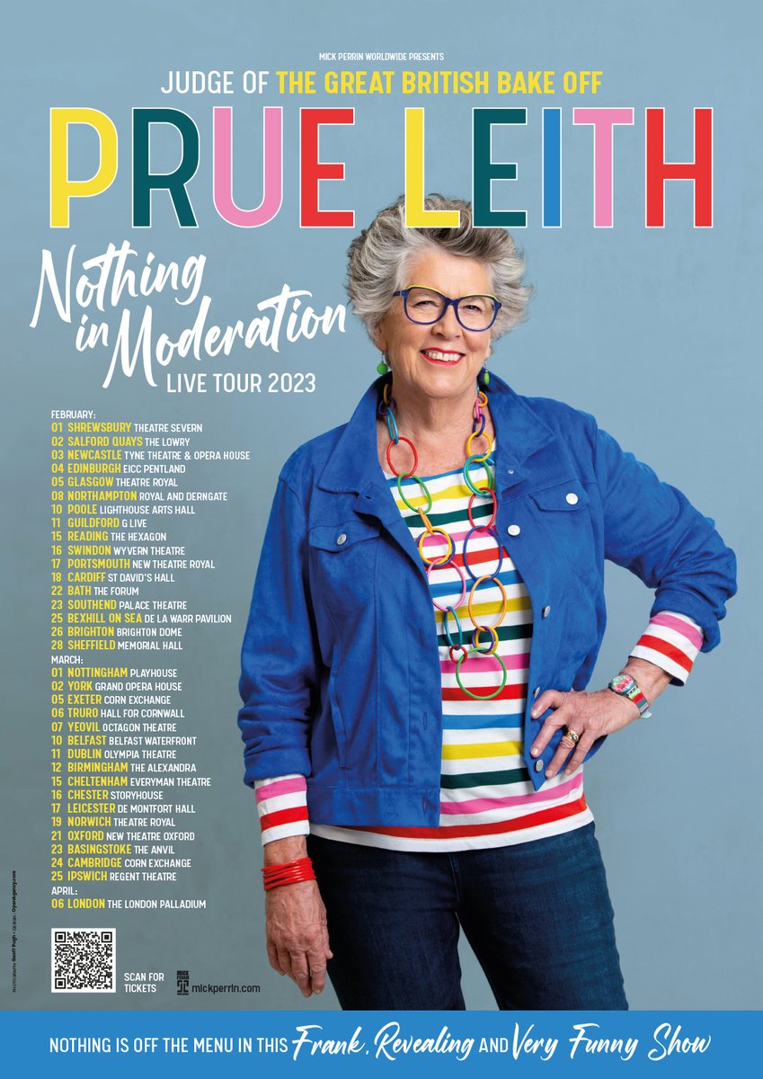 PrueLeith's tweet photo. I've never done a stage show before and at 82 I'm probably nuts to try it, but it's huge fun, makes the audience laugh and let's me rant away about the restaurant trade, publishers, TV and writing, and sing the praises of food, love and life.  The 'Nothing in Moderation'... https://t.co/j1mfpIOUyp