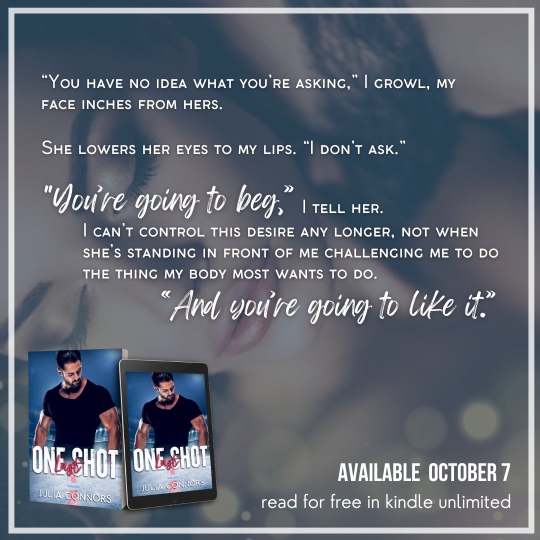 🔥🔥 ONE LAST SHOT TEASER 🔥🔥
📚 📚  AVAILABLE OCTOBER 7TH  📚 📚

One Last Shot, by Julia Connors

Pre-order on Amazon for special release pricing: geni.us/OneLastShotAma…

#juliaconnors @WildfireMarket1