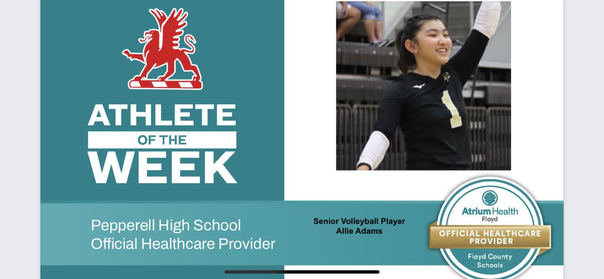 Congrats to Allie Adams. Senior Volleyball player. (53 Aces) 6th in 1A. (201 Digs) 5th in 1A. Atrium Health / Floyd Athlete of the Week. <a href="/PhsVolleyball21/">Pepperell Volleyball</a>
