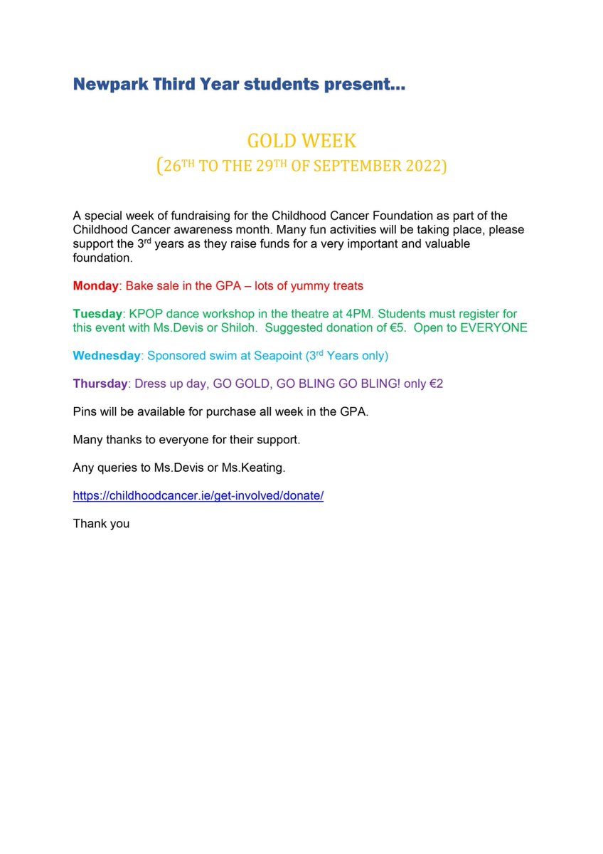IENewparkSchool's tweet photo. Our Third Year students are fundraising this week as part of #ChildhoodCancerAwarenessMonth. Please support in any way you can!
https://t.co/DyFLgRCvcl
@ChildhoodCancer https://t.co/AdmIihmVi2