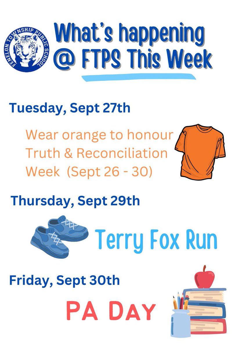 We have a busy week <a href="/FenelonTownship/">Fenelon Township PS</a>  this week! Wear orange on Tuesday to help us honour truth &amp; reconciliation week. 🧡🖤 Don’t forget your runners for our Terry Fox Run Thursday. #TruthAndReconciliation #OrangeShirtDay